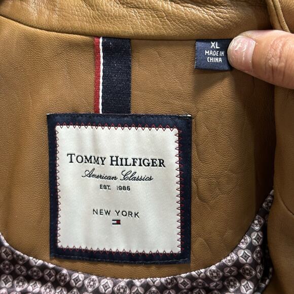 Tommy Hilfiger American Classics Womens Sz XL Cognac Brown Leather Jacket Biker - Picture 2 of 6